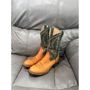 Mens Ariat Western Cowboy Boots Tan Orange Green Leather Embroidered Square Toe